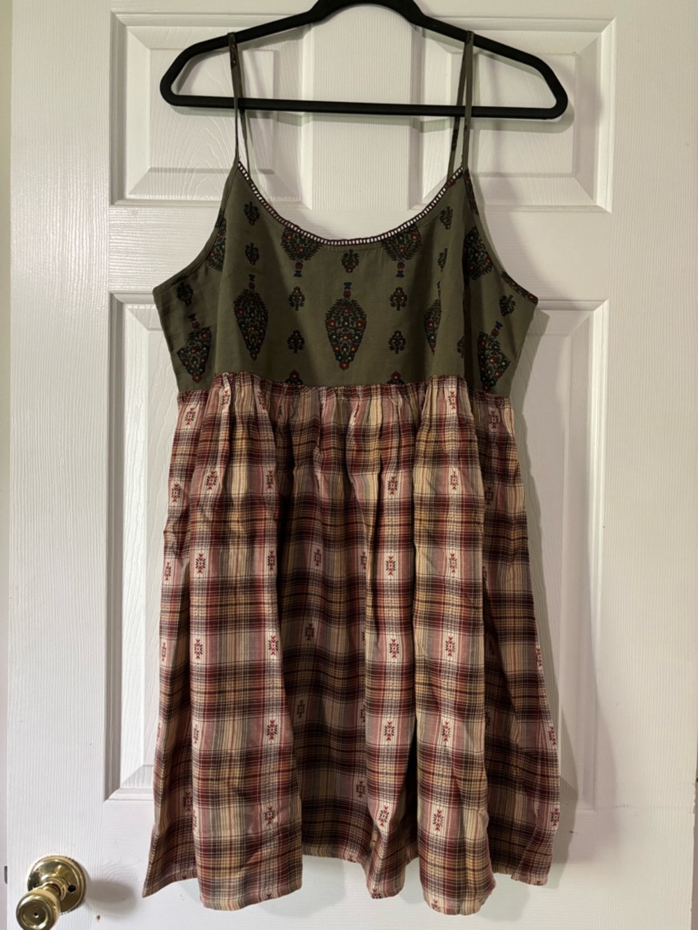 NATURAL LIFE Olive Green and Burgundy Plaid Mini Dress